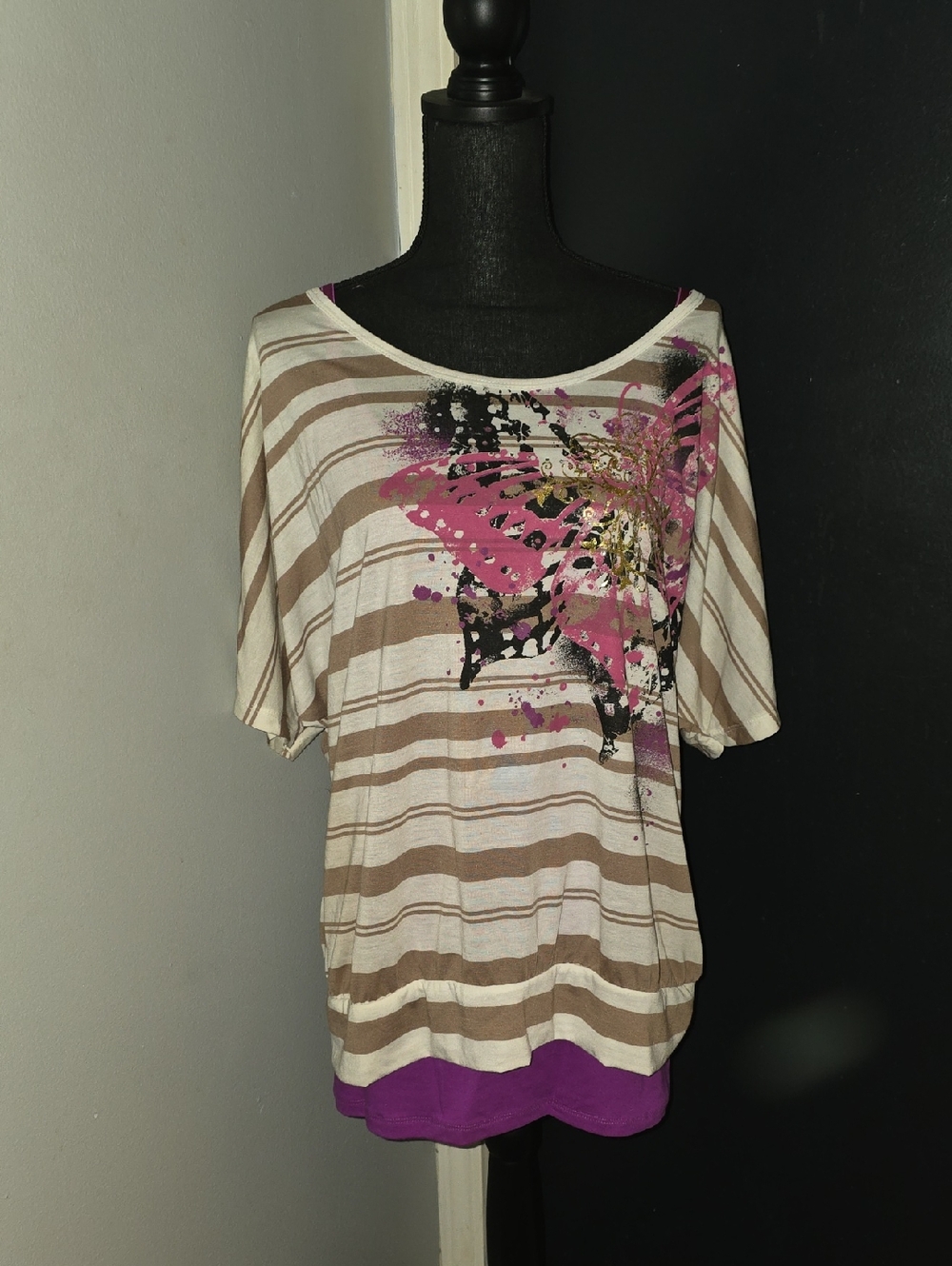 Lena Striped Short-Sleeve Tee with Pink Butterfly Graphic